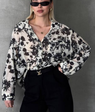 Fendre Çiçek Desenli Oversize Gömlek