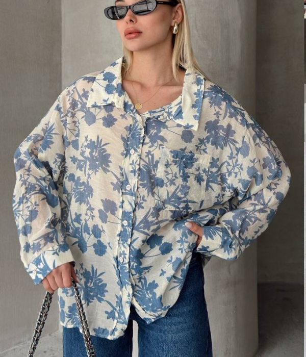 Fendre Çiçek Desenli Oversize Gömlek
