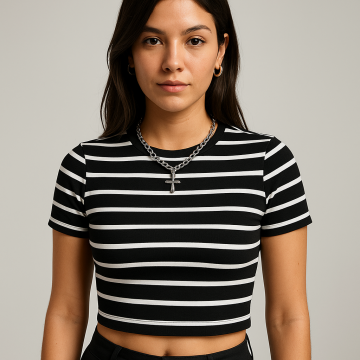 Fendre Siyah Beyaz Çizgili Crop Top