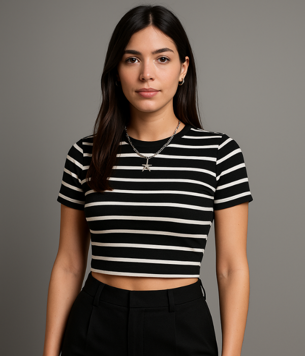 Fendre Siyah Beyaz Çizgili Crop Top